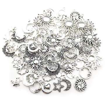 100g(80pcs) Craft Supplies Mixed Antique Silver Sun Moon Stars Charms Pendants for Crafting, Jewelry Findings Making Accessory for DIY Necklace Bracelet (M250)