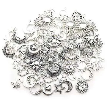 100g(80pcs) Craft Supplies Mixed Antique Silver Sun Moon Stars Charms Pendants for Crafting, Jewelry Findings Making Accessory for DIY Necklace Bracelet (M250)