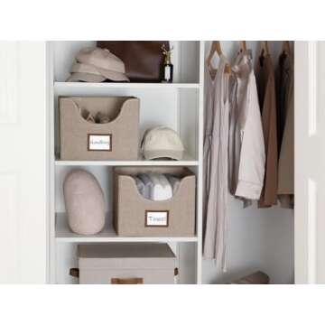 StorageWorks Closet Storage Bins, Fabric Storage Bins, Shelf Storage Baskets with Cutout Window and 2 Handles, Closet Bins for Shelves, Large, Brown, 4-Pack