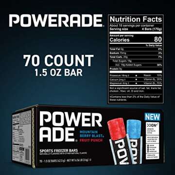 POWERADE Sports Freezer Bars, 1.5 oz, Refreshing Ice Pops with Electrolytes B Vitamins, Naturally Flavored with Other Natural Flavors, Mountain Berry Blast and Fruit Punch, 70 Count