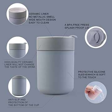 Ceramic Coffee Mug, Reusable Insulated Coffee Cups with Lids Cute Travel Mugs Protective Silicone Sleeve, 10 Ounces, To Go Mug for Coffee Tea Portable Office or Home Cups Dishwasher Safe (blue)