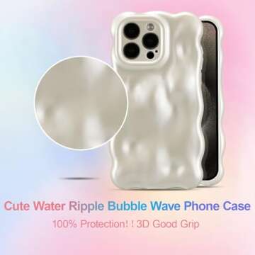 UEEBAI Ripple Case for iPhone 14 Pro Max, Cute Silver Cover Wave Shape for iPhone Case Pretty Aesthetic 3D Phone Cover, Water Ripple Shell 3D Chrome Design for Women and Girl, Pearl White