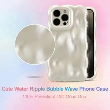 UEEBAI Ripple Case for iPhone 14 Pro Max, Cute Silver Cover Wave Shape for iPhone Case Pretty Aesthetic 3D Phone Cover, Water Ripple Shell 3D Chrome Design for Women and Girl, Pearl White