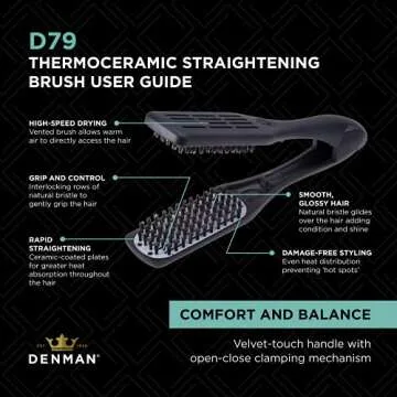 Denman D79 Thermoceramic Hair Straightening Brush - with Boar Bristles - For Wide, Wavy, Curly, Coily Hair – Black
