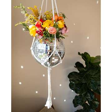 Havenstone Home Hanging Disco Ball Planter 8" - with Acrylic Stand and Macrame Plant Hanger - Home Décor, Room Décor, Patio or Boho Décor, Mirror Disco Planter, Disco Decor (8" with Base)