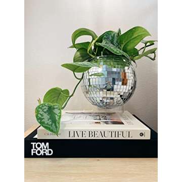 Havenstone Home Hanging Disco Ball Planter 8" - with Acrylic Stand and Macrame Plant Hanger - Home Décor, Room Décor, Patio or Boho Décor, Mirror Disco Planter, Disco Decor (8" with Base)