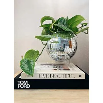 Havenstone Home Hanging Disco Ball Planter 8" - with Acrylic Stand and Macrame Plant Hanger - Home Décor, Room Décor, Patio or Boho Décor, Mirror Disco Planter, Disco Decor (8" with Base)