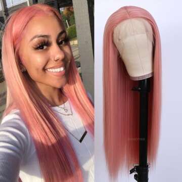 Missyvan Long Straight Hair Pink Color Lace Wigs Glueless Heat Resistant Fiber Hair Synthetic Lace Front Wigs for Fashion Women