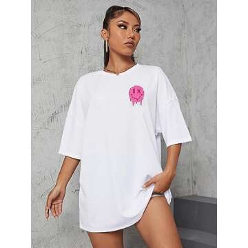 COZYEASE Women's Graphic Tees Tops Short Sleeve Round Neck Casual Oversized T Shirts White and Pink L