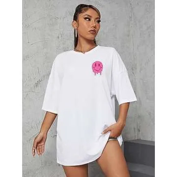 COZYEASE Women's Graphic Tees Tops Short Sleeve Round Neck Casual Oversized T Shirts White and Pink L