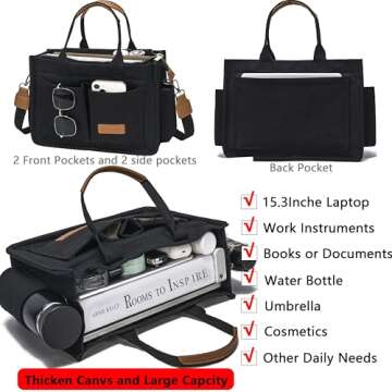 ZHMO Large Canvas Tote Bag for Women With Pockets Zipper,Black Womens Purse Handbags Totes Bags Cros...