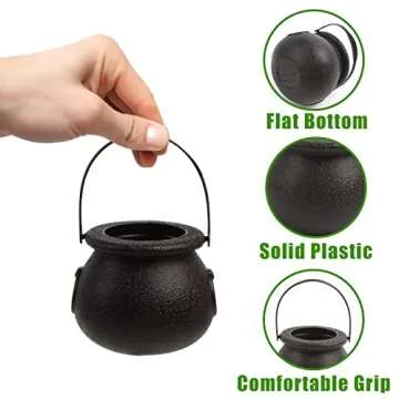 FOIMAS Mini Black Cauldron,6pcs Plastic Candy Kettle with 72pcs Shamrock Coins for St Patrick's Day Party Decoration Supply