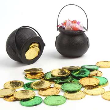 FOIMAS Mini Black Cauldron,6pcs Plastic Candy Kettle with 72pcs Shamrock Coins for St Patrick's Day Party Decoration Supply