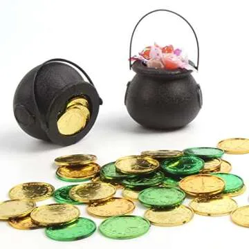 FOIMAS Mini Black Cauldron,6pcs Plastic Candy Kettle with 72pcs Shamrock Coins for St Patrick's Day Party Decoration Supply