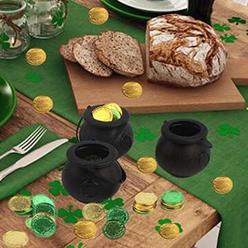FOIMAS Mini Black Cauldron,6pcs Plastic Candy Kettle with 72pcs Shamrock Coins for St Patrick's Day Party Decoration Supply