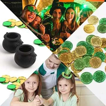 FOIMAS Mini Black Cauldron,6pcs Plastic Candy Kettle with 72pcs Shamrock Coins for St Patrick's Day Party Decoration Supply