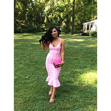 Maketina Women's Mermaid Spaghetti Strap V Neck Bodycon Midi Cocktail Bandage Dress Pink XL