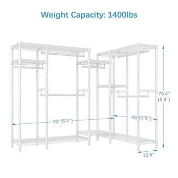 VIPEK L22 Corner Clothes Rack, L Shaped Heavy Duty Garment Rack, Corner Wardrobe Closet with Adjustable 8 Shelves & 6 Hanging Rods, Freestanding Closet System, Max Load 1400LBS, White, (2 Packages)