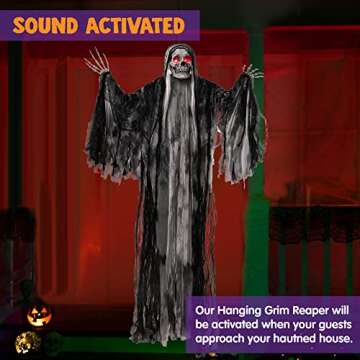 JOYIN 59” Halloween Animated Hanging Grim Reaper Decorations with Glowing Eyes and Creepy Sound, Halloween Skeleton Ghost Decorations for Haunted House Prop Decor, Outdoor/Indoor, Lawn Decorations