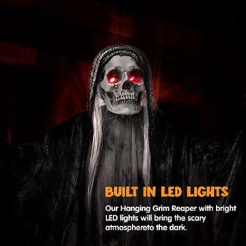 JOYIN 59” Halloween Animated Hanging Grim Reaper Decorations with Glowing Eyes and Creepy Sound, Halloween Skeleton Ghost Decorations for Haunted House Prop Decor, Outdoor/Indoor, Lawn Decorations