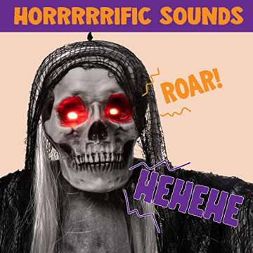 JOYIN 59” Halloween Animated Hanging Grim Reaper Decorations with Glowing Eyes and Creepy Sound, Halloween Skeleton Ghost Decorations for Haunted House Prop Decor, Outdoor/Indoor, Lawn Decorations