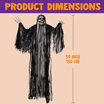 JOYIN 59” Halloween Animated Hanging Grim Reaper Decorations with Glowing Eyes and Creepy Sound, Halloween Skeleton Ghost Decorations for Haunted House Prop Decor, Outdoor/Indoor, Lawn Decorations