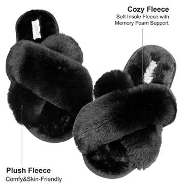 JIASUQI Cross Open Toe Fuzzy Fluffy House Slippers for Women Cozy Memory Foam Plush Criss Cross Furr...