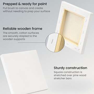 ARTEZA Stretched Canvas, 6 x 6 Inches, Pack of 12, Blank White Square Canvas for Painting for Acrylic, Oil and Gouache Paints