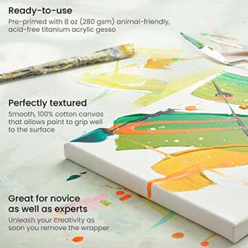 ARTEZA Stretched Canvas, 6 x 6 Inches, Pack of 12, Blank White Square Canvas for Painting for Acrylic, Oil and Gouache Paints