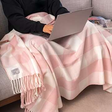 Mellowdy Classic Checkered Blanket - Faux Cashmere Plaid Throw with Fringe - Soft Woven, Lightweight, Farmhouse, Vintage Inspired Décor for Couch, Chair, Office (Lotus Pink, 50x60)