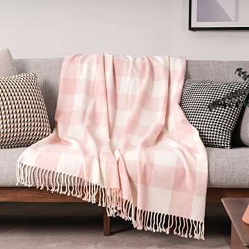Mellowdy Classic Checkered Blanket - Faux Cashmere Plaid Throw with Fringe - Soft Woven, Lightweight, Farmhouse, Vintage Inspired Décor for Couch, Chair, Office (Lotus Pink, 50x60)