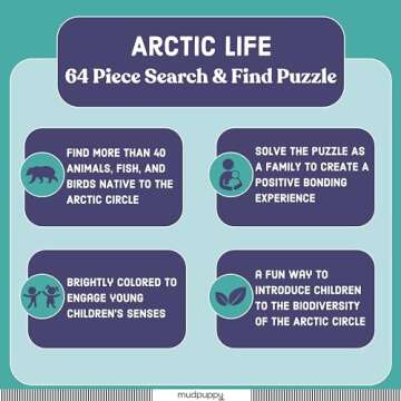 Mudpuppy Arctic Life Search & Find Puzzle, 64 Pieces, 23”x15.5” – For Kids Age 4-7 - Colorful Illustrations of Animals, Fish, Birds Living in the Arctic – Complete Puzzle to Find 40+ Hidden Images