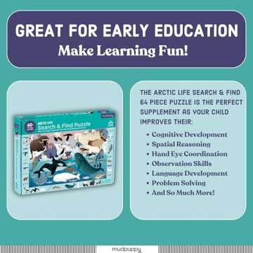 Mudpuppy Arctic Life Search & Find Puzzle, 64 Pieces, 23”x15.5” – For Kids Age 4-7 - Colorful Illustrations of Animals, Fish, Birds Living in the Arctic – Complete Puzzle to Find 40+ Hidden Images