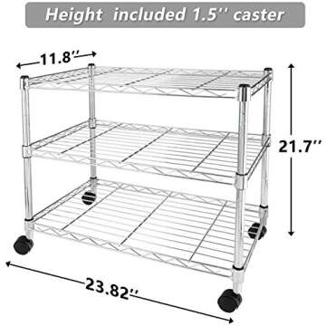 YSSOA Heavy Duty 3-Shelf Shelving Unit with Wheels, Plug Version, 23.82" D x 11.80" W x 20.20" H, Chrome, 3 Tier