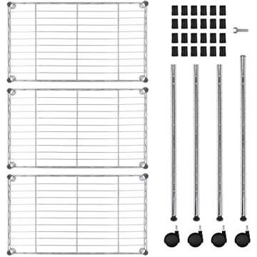 YSSOA Heavy Duty 3-Shelf Shelving Unit with Wheels, Plug Version, 23.82" D x 11.80" W x 20.20" H, Chrome, 3 Tier