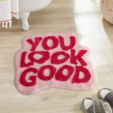 Urtlmaji You Look Good Bath Mat Bathroom Rugs Funny Cute Bath Rugs Non Slip Microfiber Plush Preppy Small Cool Shower Rug Washable Absorbent Floor Mat for Bathtub Sink 25"x21" Red & Pink