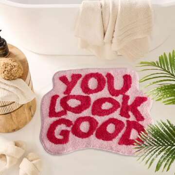 Urtlmaji You Look Good Bath Mat Bathroom Rugs Funny Cute Bath Rugs Non Slip Microfiber Plush Preppy Small Cool Shower Rug Washable Absorbent Floor Mat for Bathtub Sink 25"x21" Red & Pink