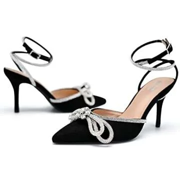 Women's Rhinestone Heeled Sandals Ankle Strap Lace Up Bow Pumps Satin Pointy Stilettos Backless Kitten Heels Wedding Dress