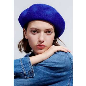 Women French Wool Beret Hats - Solid Color Classic Beanie Winter Cap (Royal Blue)