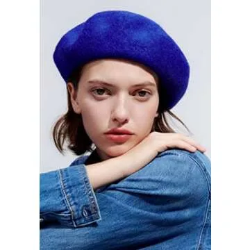 Women French Wool Beret Hats - Solid Color Classic Beanie Winter Cap (Royal Blue)