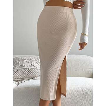 Verdusa Women's High Waist Slit Hem Rib Knit Midi Bodycon Skirt Beige S