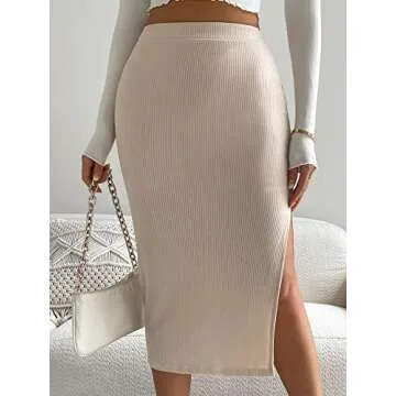 Verdusa Women's High Waist Slit Hem Rib Knit Midi Bodycon Skirt Beige S