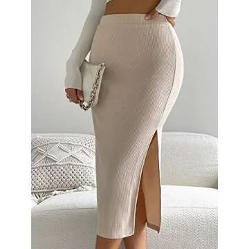 Verdusa Women's High Waist Slit Hem Rib Knit Midi Bodycon Skirt Beige S