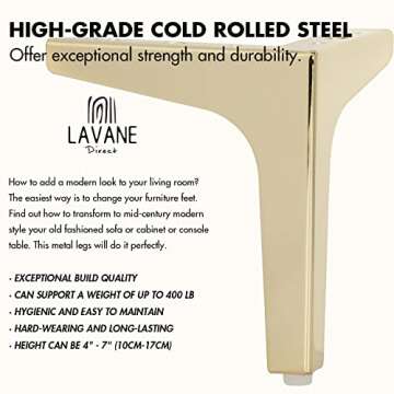 La Vane 4 inch Metal Furniture Legs, Set of 4 Modern Iron Diamond Triangle Furniture Feet DIY Replacement Gold for Cabinet Cupboard Sofa Couch Chair Ottoman