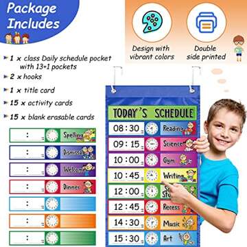 Daily Schedule Pocket Chart School Class Schedule Pocket Chart Kit 13+1 Pocket Chart, 2 Hook, Title Card, 30 Double-Sided Blank Erasable Card Colored Schedule Card for Classroom School or Home (Blue)