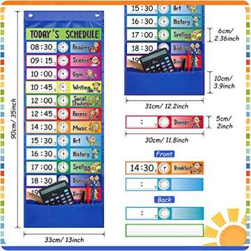 Daily Schedule Pocket Chart School Class Schedule Pocket Chart Kit 13+1 Pocket Chart, 2 Hook, Title Card, 30 Double-Sided Blank Erasable Card Colored Schedule Card for Classroom School or Home (Blue)