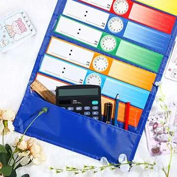 Daily Schedule Pocket Chart School Class Schedule Pocket Chart Kit 13+1 Pocket Chart, 2 Hook, Title Card, 30 Double-Sided Blank Erasable Card Colored Schedule Card for Classroom School or Home (Blue)