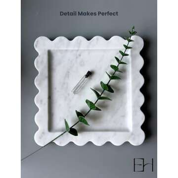 Natural Marble Tray 8" with Scalloped Edge, Handmade Decorative Tray, Storage Tray for Counter, Dresser, Vanity, Jewelry, Nightstand & Desk Home Bathroom Decor (Calacatta White, Square)