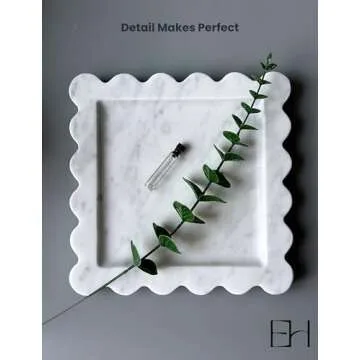 Natural Marble Tray 8" with Scalloped Edge, Handmade Decorative Tray, Storage Tray for Counter, Dresser, Vanity, Jewelry, Nightstand & Desk Home Bathroom Decor (Calacatta White, Square)