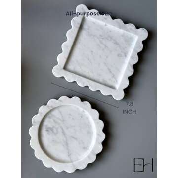 Natural Marble Tray 8" with Scalloped Edge, Handmade Decorative Tray, Storage Tray for Counter, Dresser, Vanity, Jewelry, Nightstand & Desk Home Bathroom Decor (Calacatta White, Square)